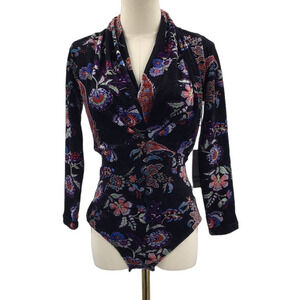 UNIQUE VINTAGE SZ M black floral textured velvet faux wrap bodysuit NWT B116